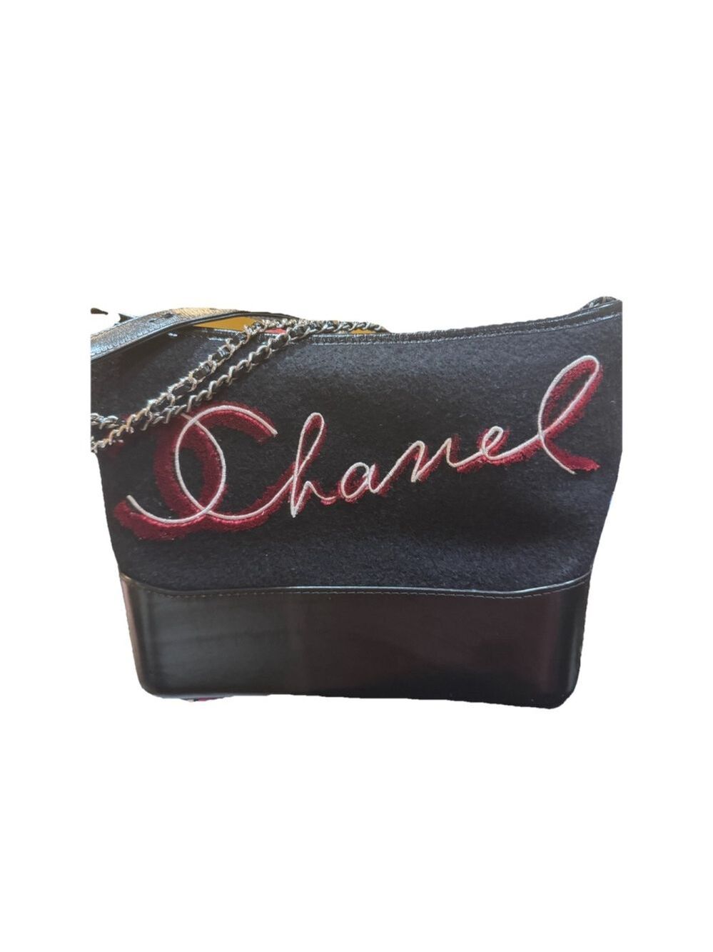 Chanel Calfskin Wool Embroidered Paris Hamburg Small Gabrielle Hobo Black